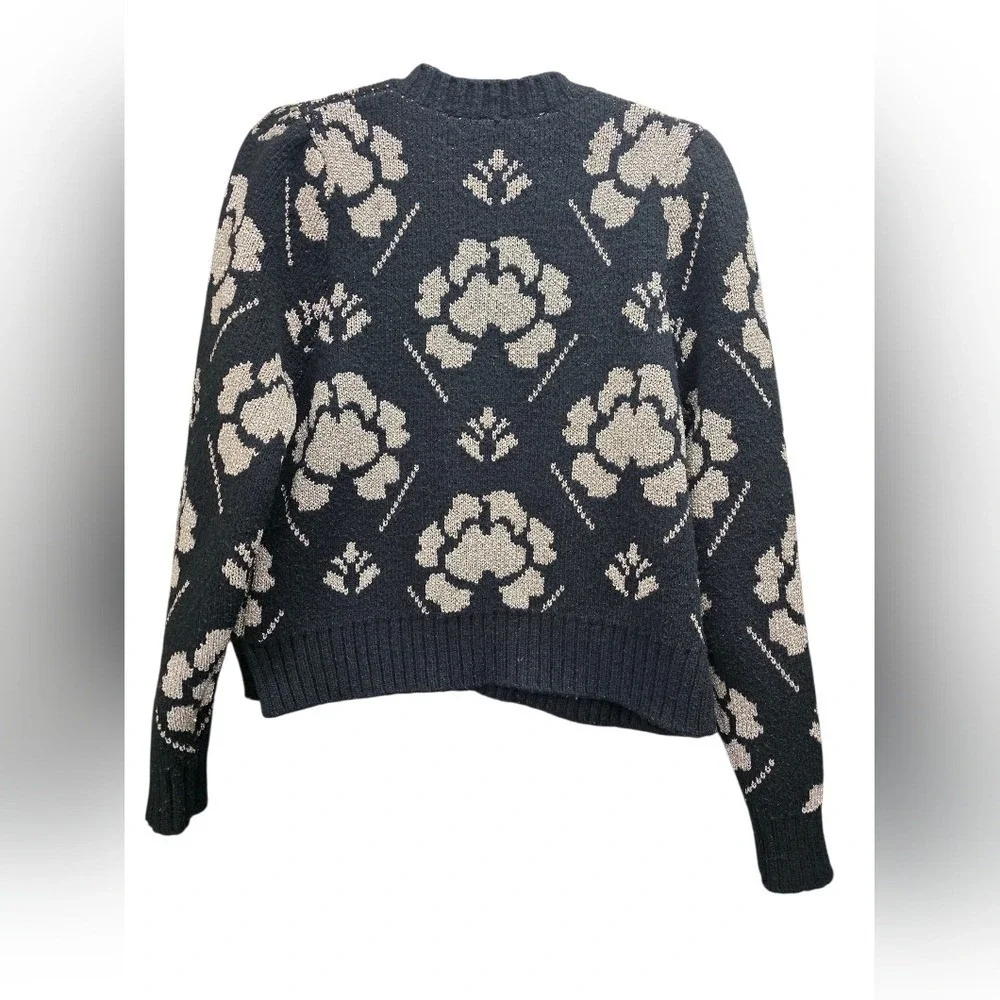 Zara‎ Black Metallic Floral Knit Cartigan Sweater Size M Gold Button Front